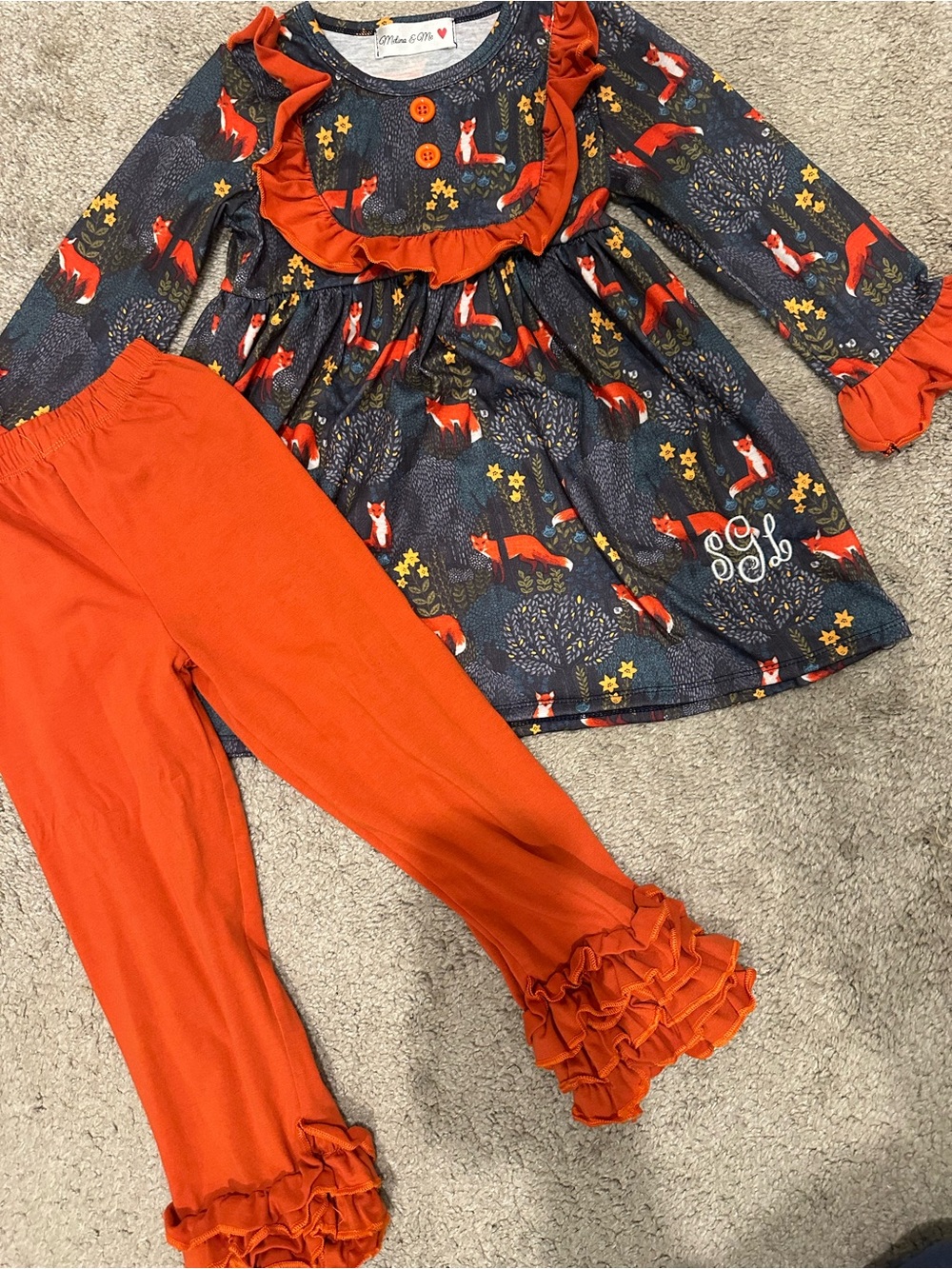 Girls Fox Print Ruffle Top & Orange Ruffle Leggings Set